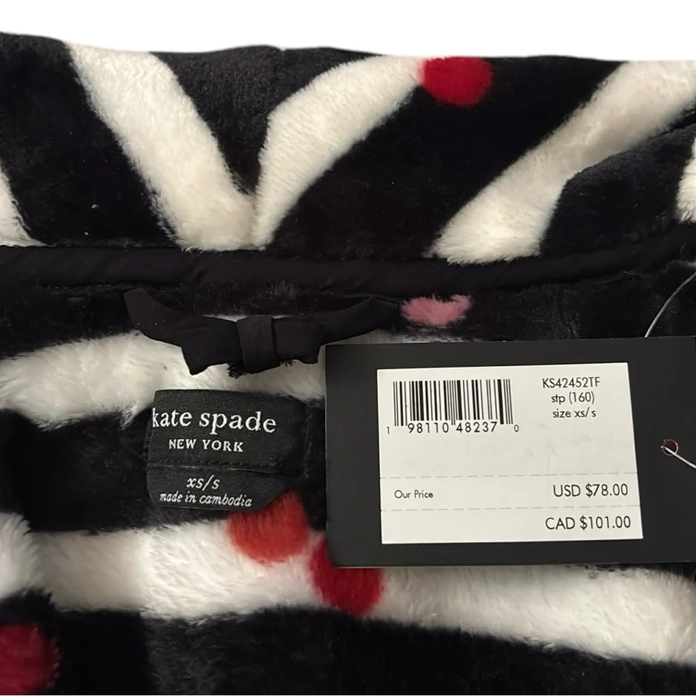 NWT Kate Spade Short Robe Black and White Striped with Pink and Red Accents